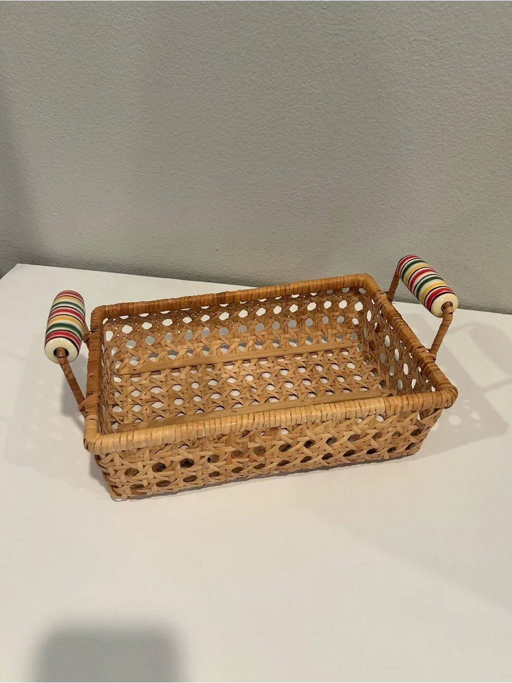 Vintage Woven Cane Serving Basket with Ceramic Handles